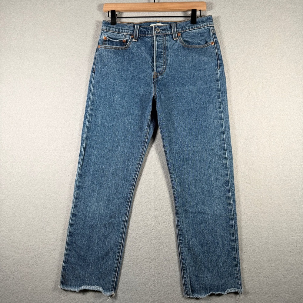 Levis Premium Wedgie Straight Jeans Blue Medium Wash Raw Hem 34964-0035 W29 L26